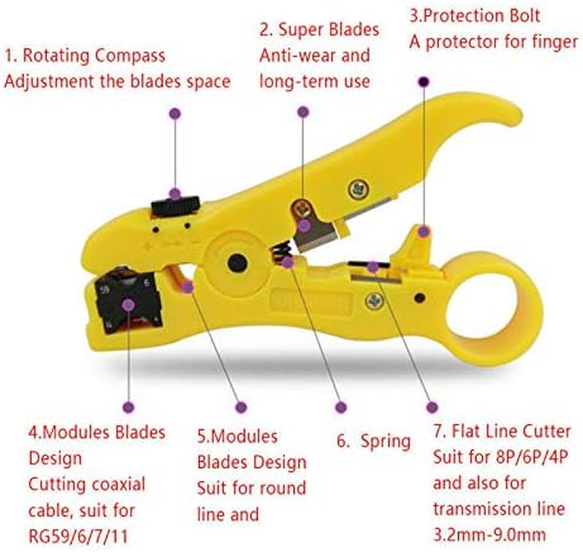 Wire Stripping Tool SENRISE Cable Stripper Cutter Universal Cable Stripper Cutter for Flat or round TV/UTP Cat5 Cat6 Wire Coax Coaxial Stripping Tool (Yellow) - Black image number 2