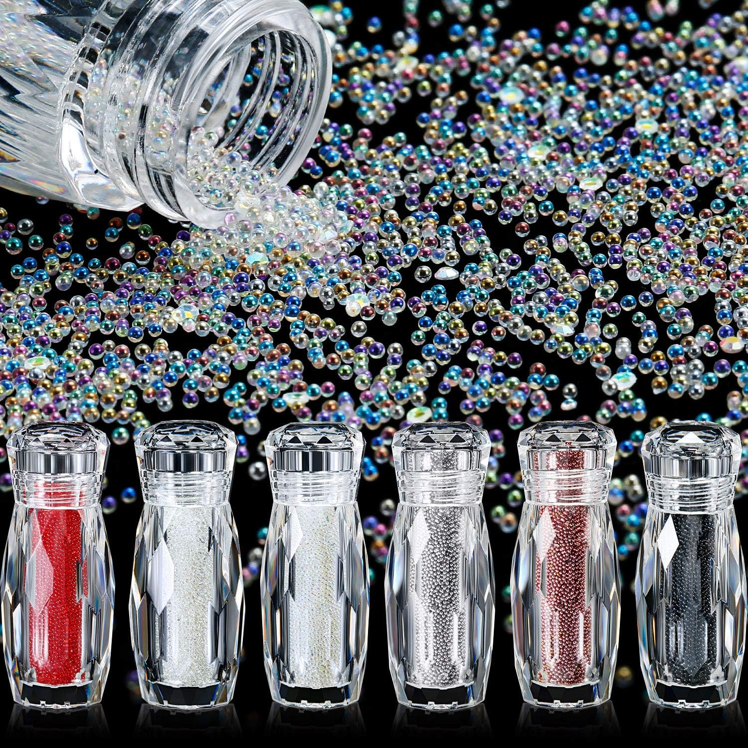 6 Bottles Micro Caviar Beads Pixie Gravel Diamonds Stone Crystal Rhinestones Nail Decorations for DIY 3D (Clear, AB Color, Rose Gold, Silver, Red, Black)