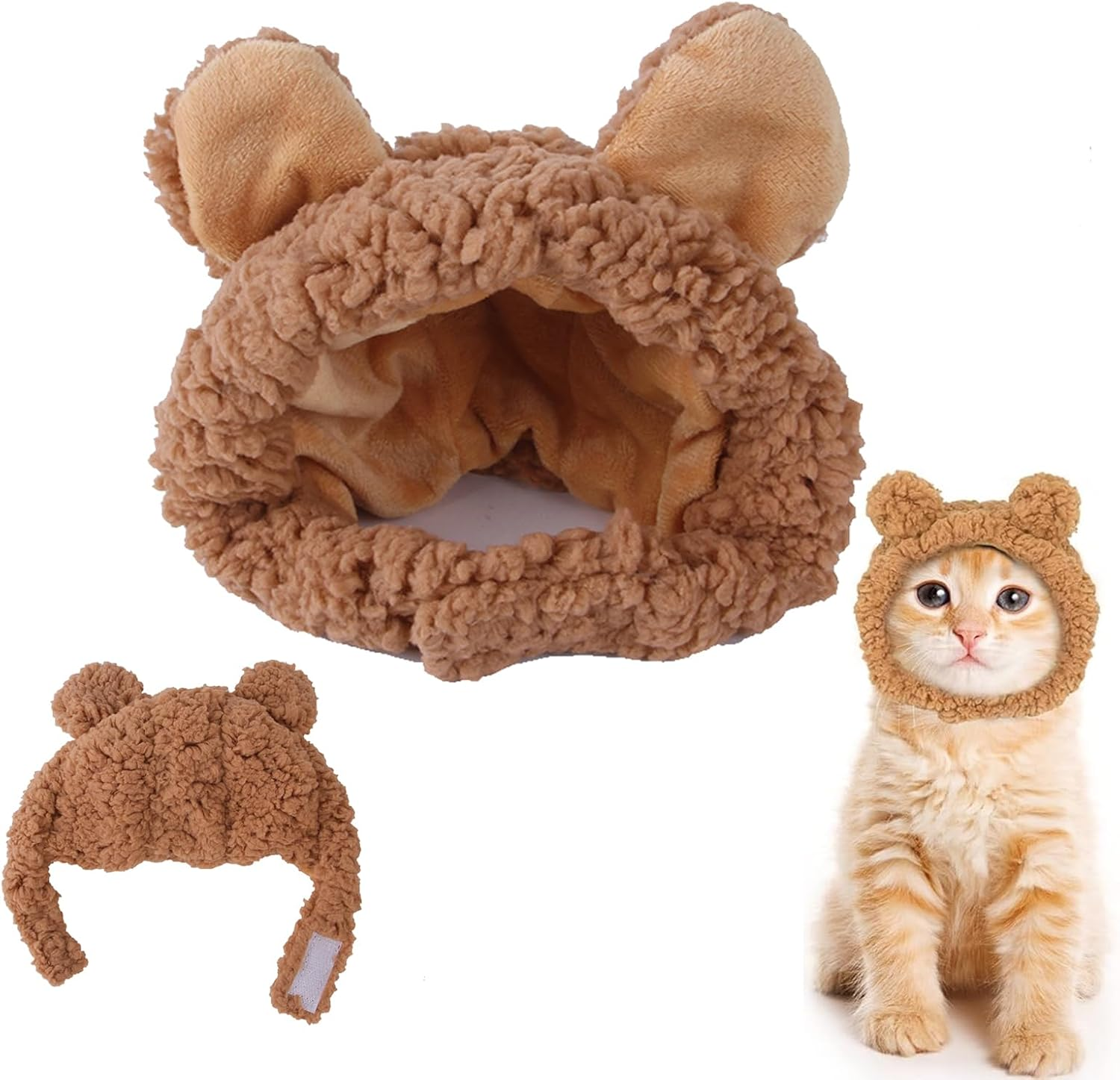 Costume Hat for Cats and Dogs, Adjustable Warm Bear-Ear Headwear, Soft Comfortable Small Pet Accessory (Brown) image number 3