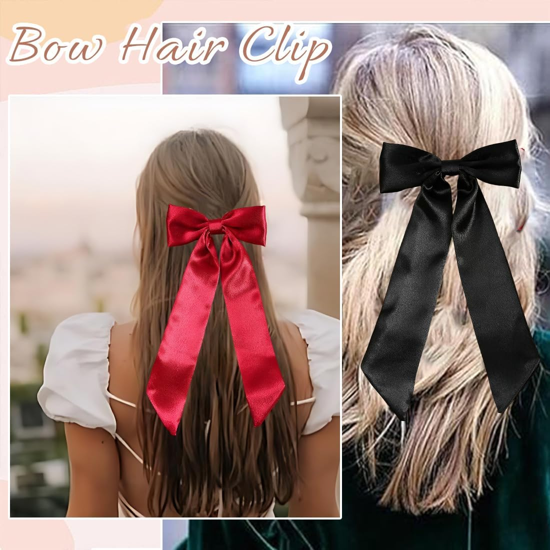 XUZOPIM Women'S Hair Bow, Pack of 3 Hair Clips, Chiffon Satin Ribbon Bow Hair, French Hair Bows Girls, Metal Bow Knot Clips Hair Accessories, Hair Pin for Women Girls, Red Black Apricot image number 3