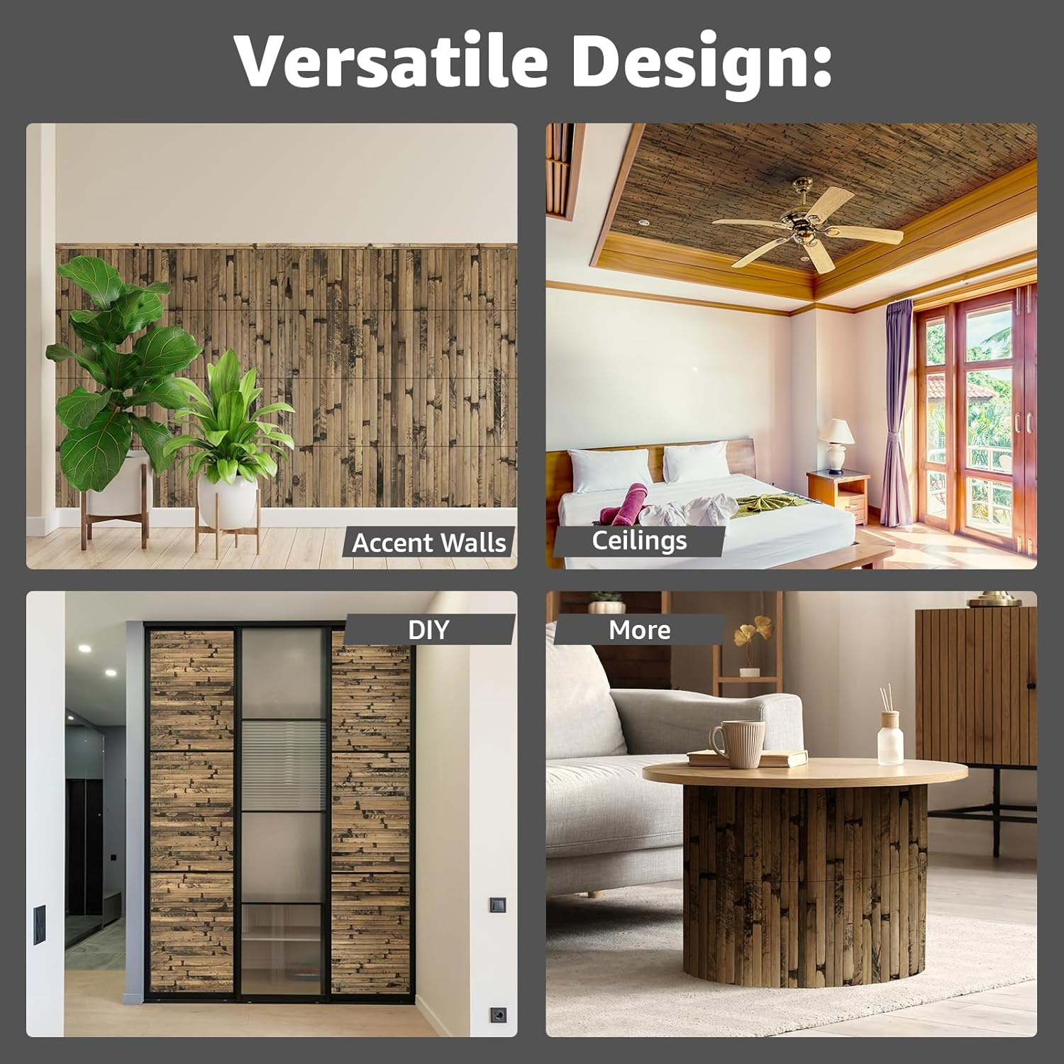 Art3D Natural Bamboo Wall Panel for Interior Wall Decor, Renewable Pole Wrap Wainscoting Paneling for Wall Ceiling Furniture Cabinet Office, 244X30 CM - Dark Burned image number 4