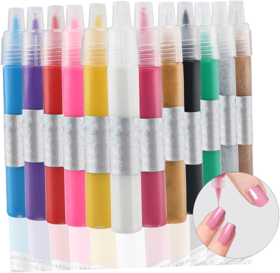 EXQUIMEUBLE 12 Colors Acrylic Nail Art Pen Set 3D Nail Painting Pens for Salon and Home Use image number 2