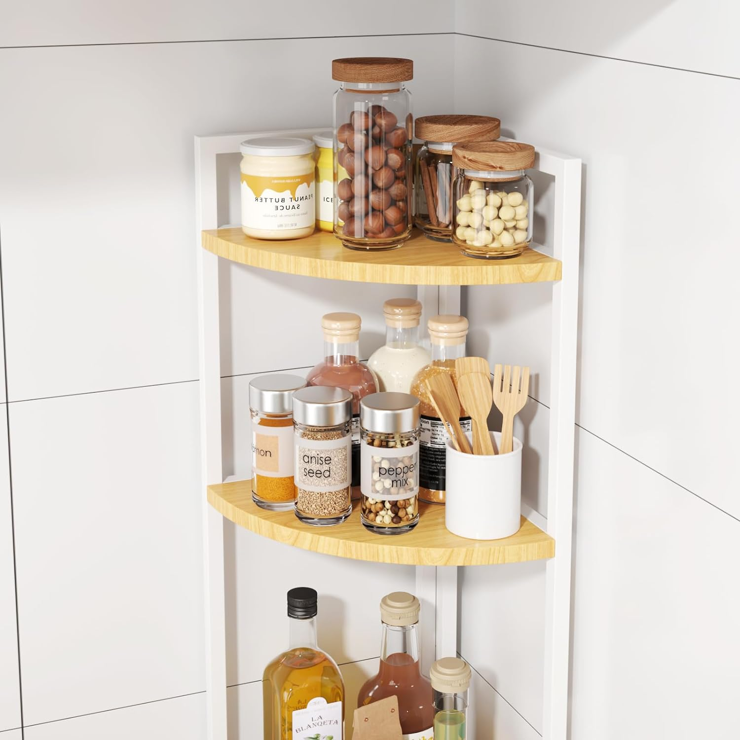 Joiena 3-Tier Desktop Bookshelf, Corner Shelf, Multipurpose Corner Display Rack Industrial Storage Corner Shelving for Bedroom, Living Room, Kitchen, Small Space (White)