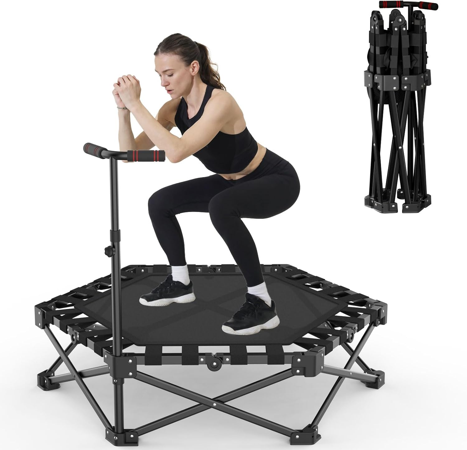 42" Folding Trampoline for Adults Hexagon Workout Trampoline with Steel Frame, Stable Triangular Base, Rebounder for Adults with Bar Mini Trampolines Indoor Adult Supports up to 330LB image number 2