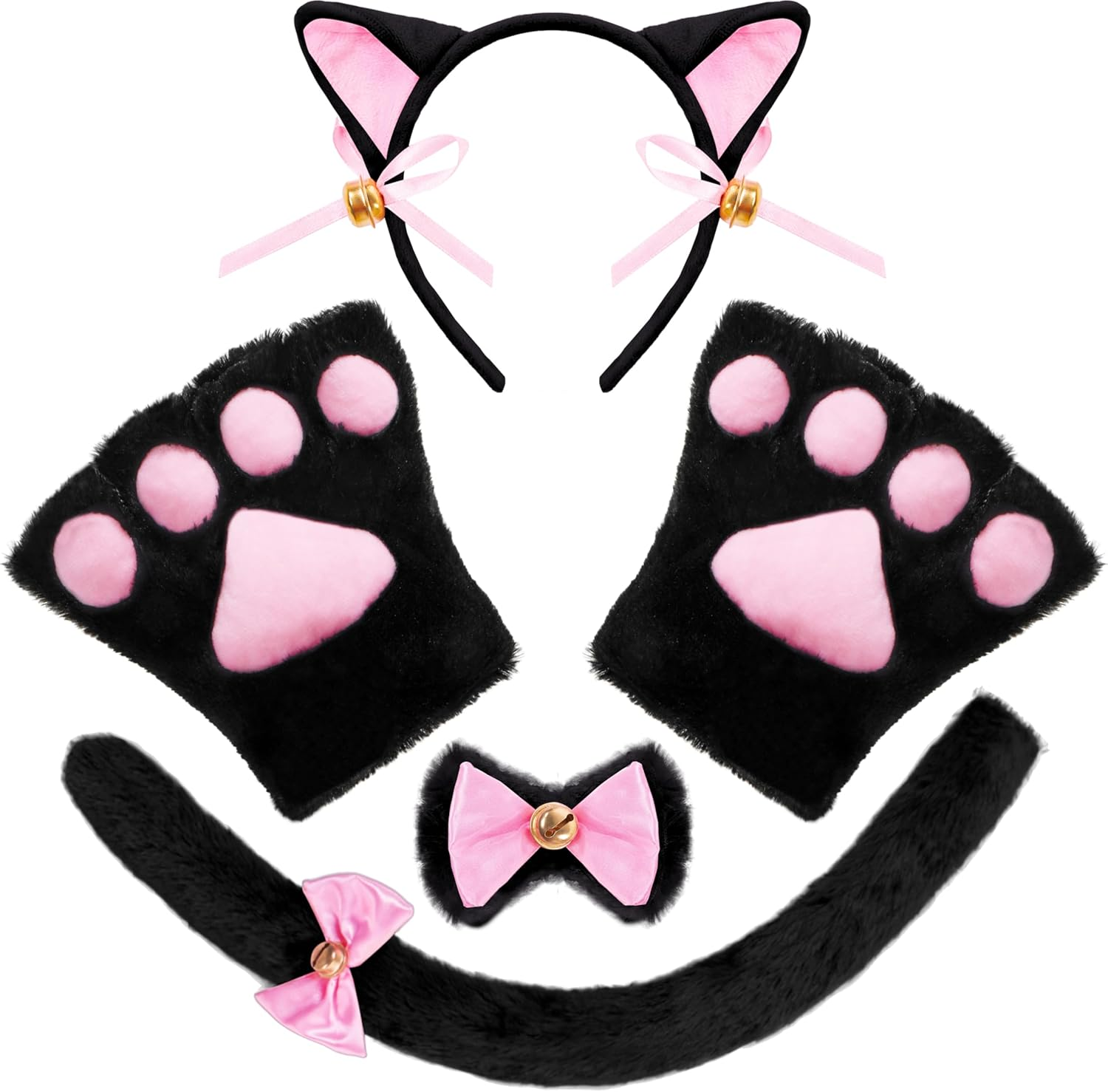 Spooktacular Creations 5 Pc Kitty Cat Halloween Costume Accessory Set with Cat Ears Headband, Paws Gloves, Bow Tie, Tail