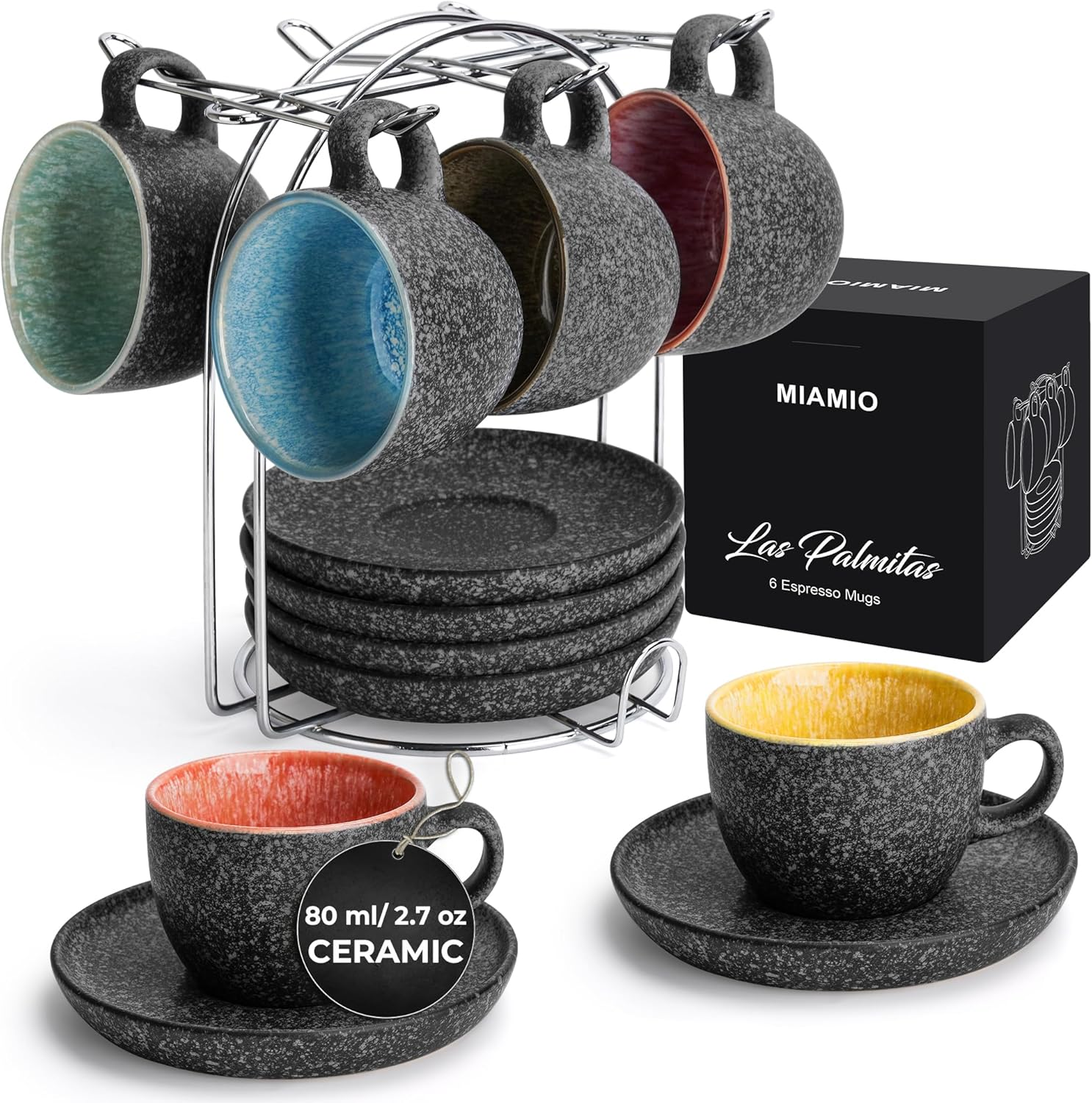 MIAMIO &ndash; 80 Ml Ceramic Stackable Espresso Cups with Saucers and Metal Stand, Set of 6 Espresso Cup, Demitasse Cups, Coffee Mugs for Espresso, Latte, Caf&eacute; Mocha & Tea &ndash; Las Palmitas Collection image number 3