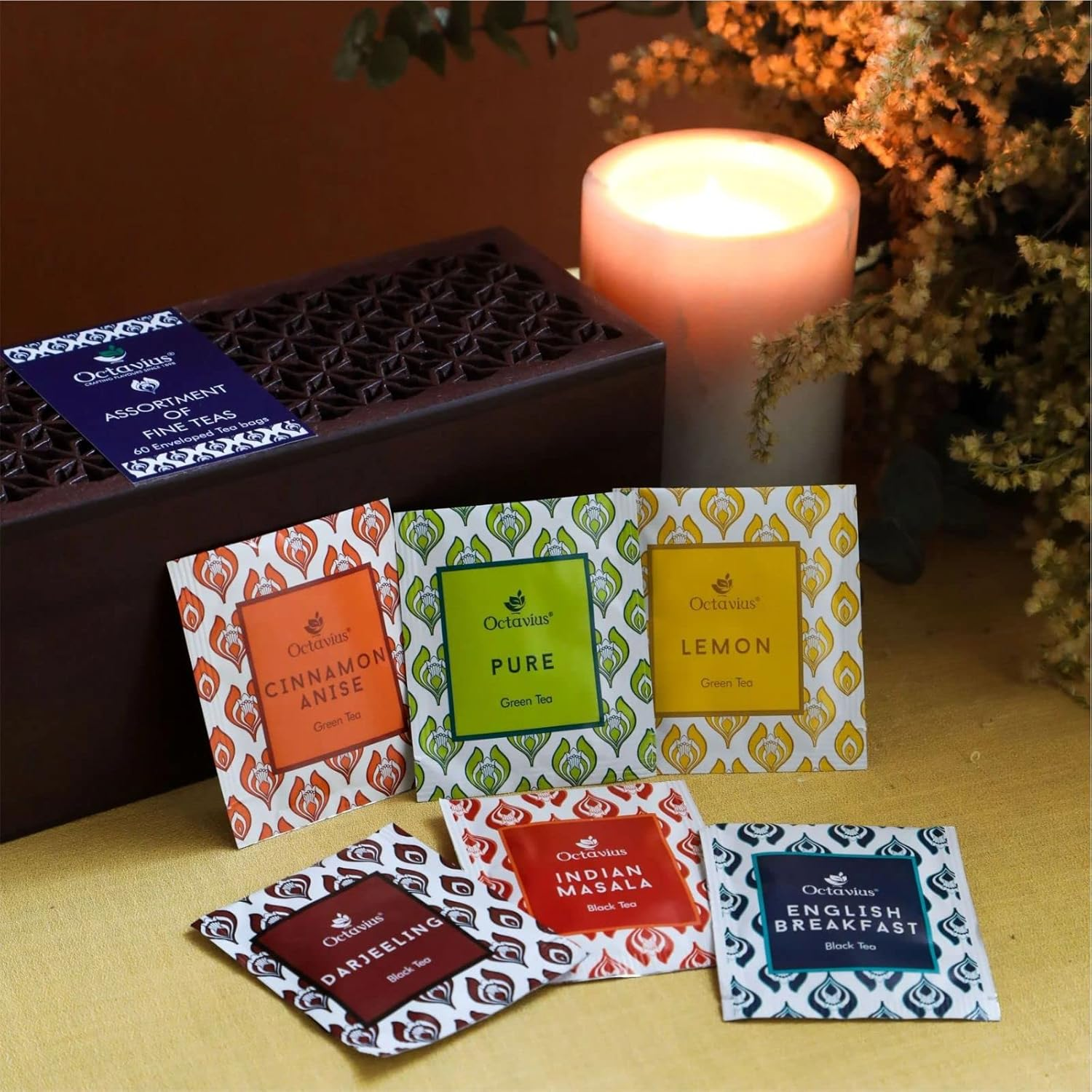 Octavius Assorted Black & Green Tea Sampler Gift Set (6 Flavors, 60 Teabags) | Wooden Tea Box with Leafcut Design | Tea Variety Pack | Gifts for Women & Men | Premium Tea Gift Set image number 4