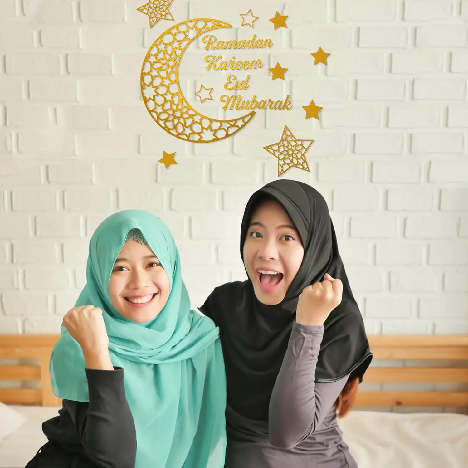 Fiohiros Gold Acrylic Ramadan Decorations Sticker Wall, Mirror Ramadan Wall Stickers with Adhesive Art Decal, Eid Mubarak Wall Art Decoration for Bedding Room Wall Decoration (Gold Star Moon) image number 1