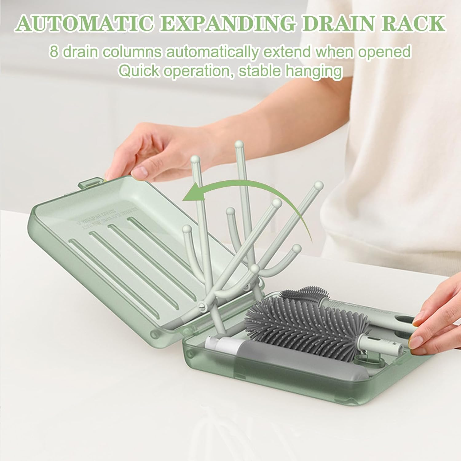 Bottle Brush Set -Baby Travel Essential-6 in 1 Bottle Cleaner Kit with Silicone Bottle Brush,Nipple Cleaner Brush,Straw Brush,Soap Dispenser,Storage Box,Bottle Drying Rack for Home and Travel(Green) image number 4