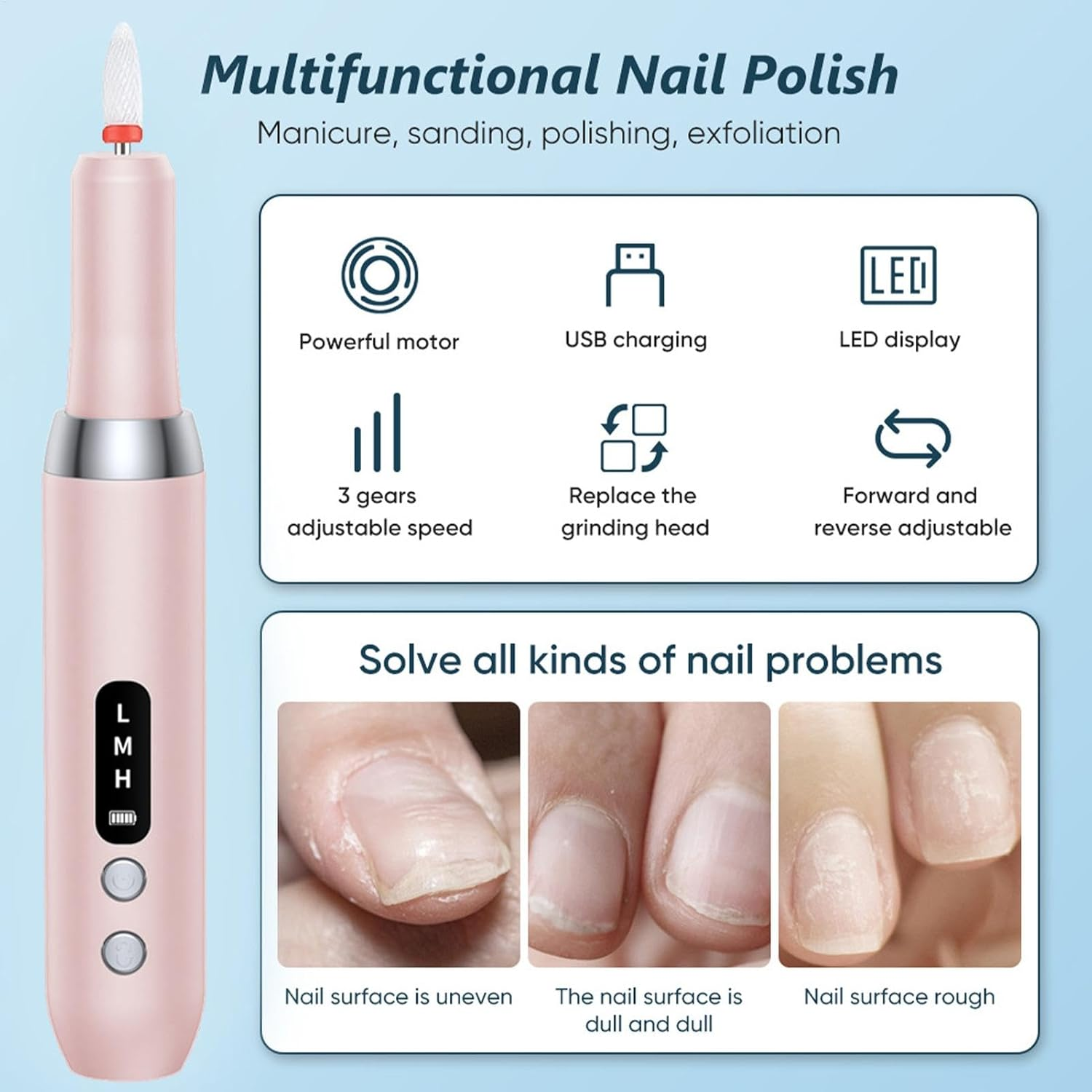 Electric Nail File - Professional Cordless Nail Drill, Adjustable Speed Nail Grinder | Rechargeable Nail Drill Machine with 12 Bits, Portable Manicure Tool for Acrylic, Gel & Natural Nails at Home - White image number 6