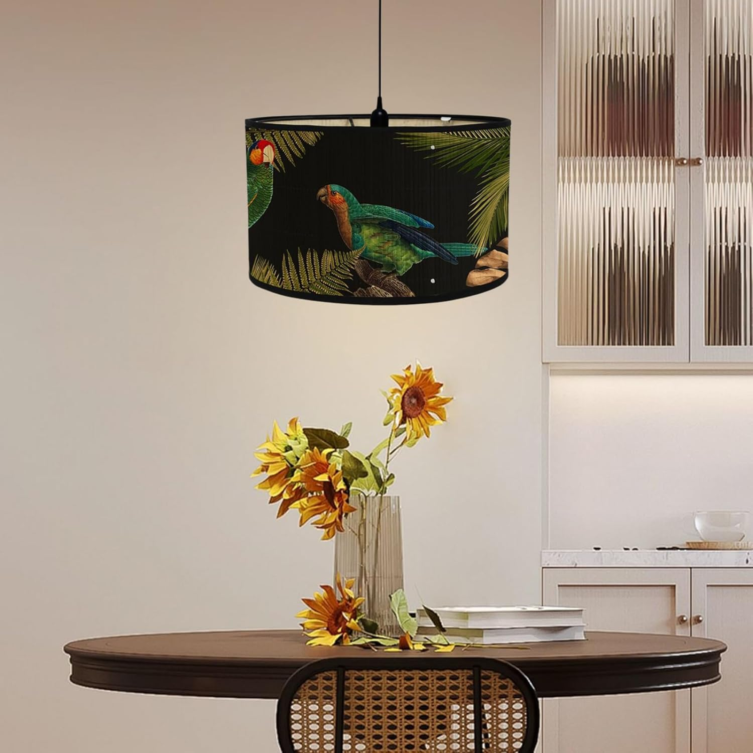 Lampshade for Table Lamps, 12X8 Modern Pattern round Drum Table Lamp Shades Easy Fit for Living Rooms, Bedroom, Hallways, Reading Room, Green Parrot