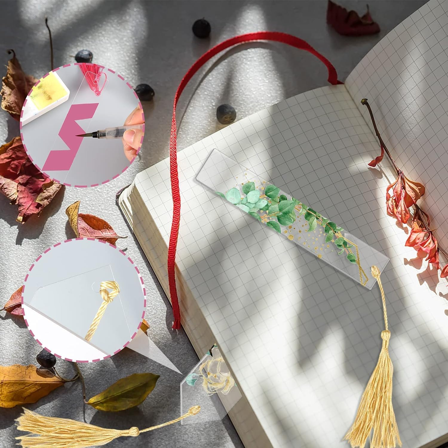 Leanockesa Acrylic Bookmarks Blanks Bulk, Leanockesa 61PCS Clear Bookmark Plastic Blank 30 Set with Tassels & Twine String Cord for Vinyl DIY Craft (3 Shape of Bookmarks and 6 Color Tassels) image number 5