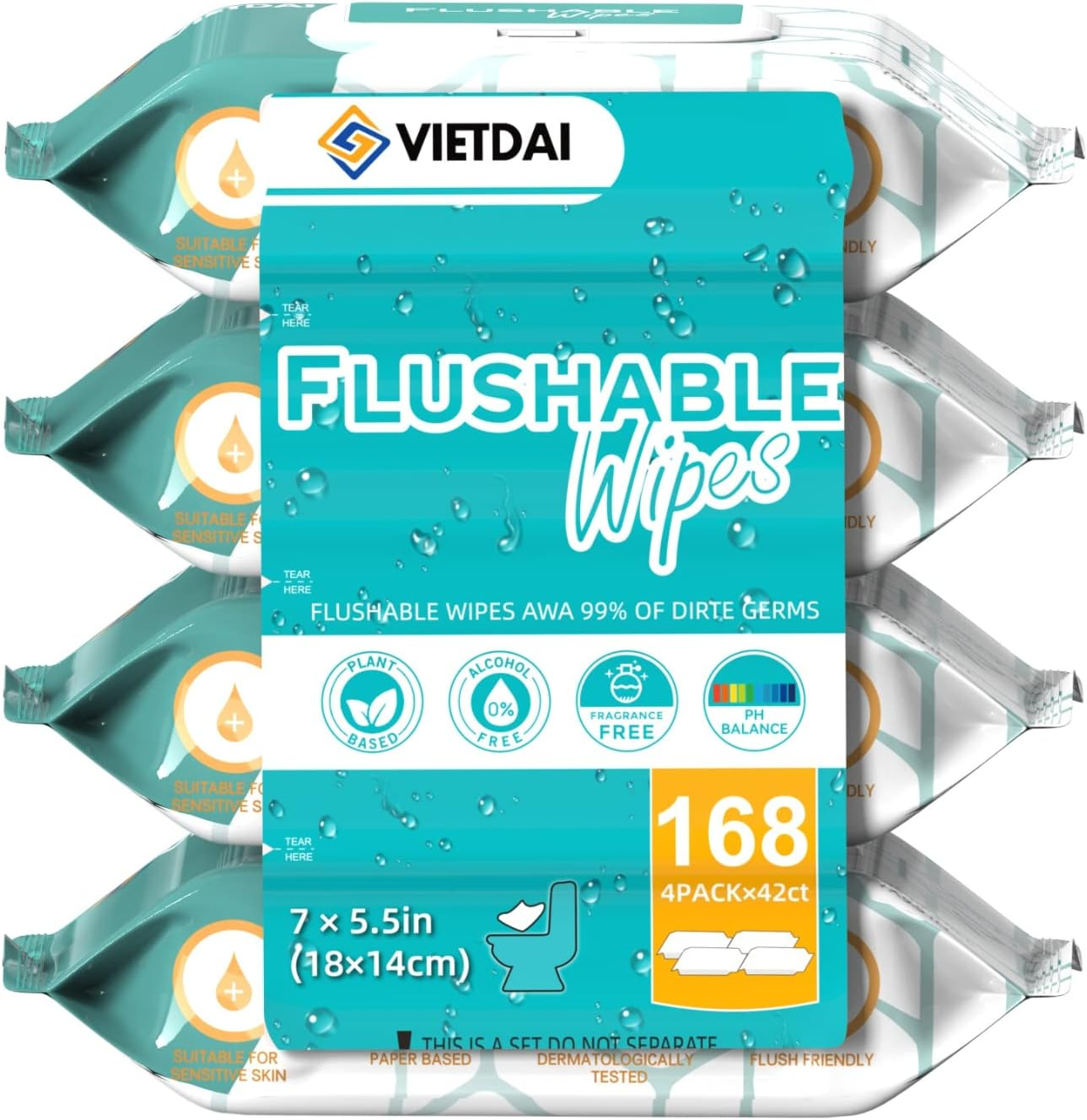 Flushable Wipes for Adults, Septic and Sewer Safe, VIETDAI Toilet Wipes Infused with Aloe and Vitamin E for Women, Men, Elders Incontinence, Travel, and Bathroom Use - 168 Count image number 2