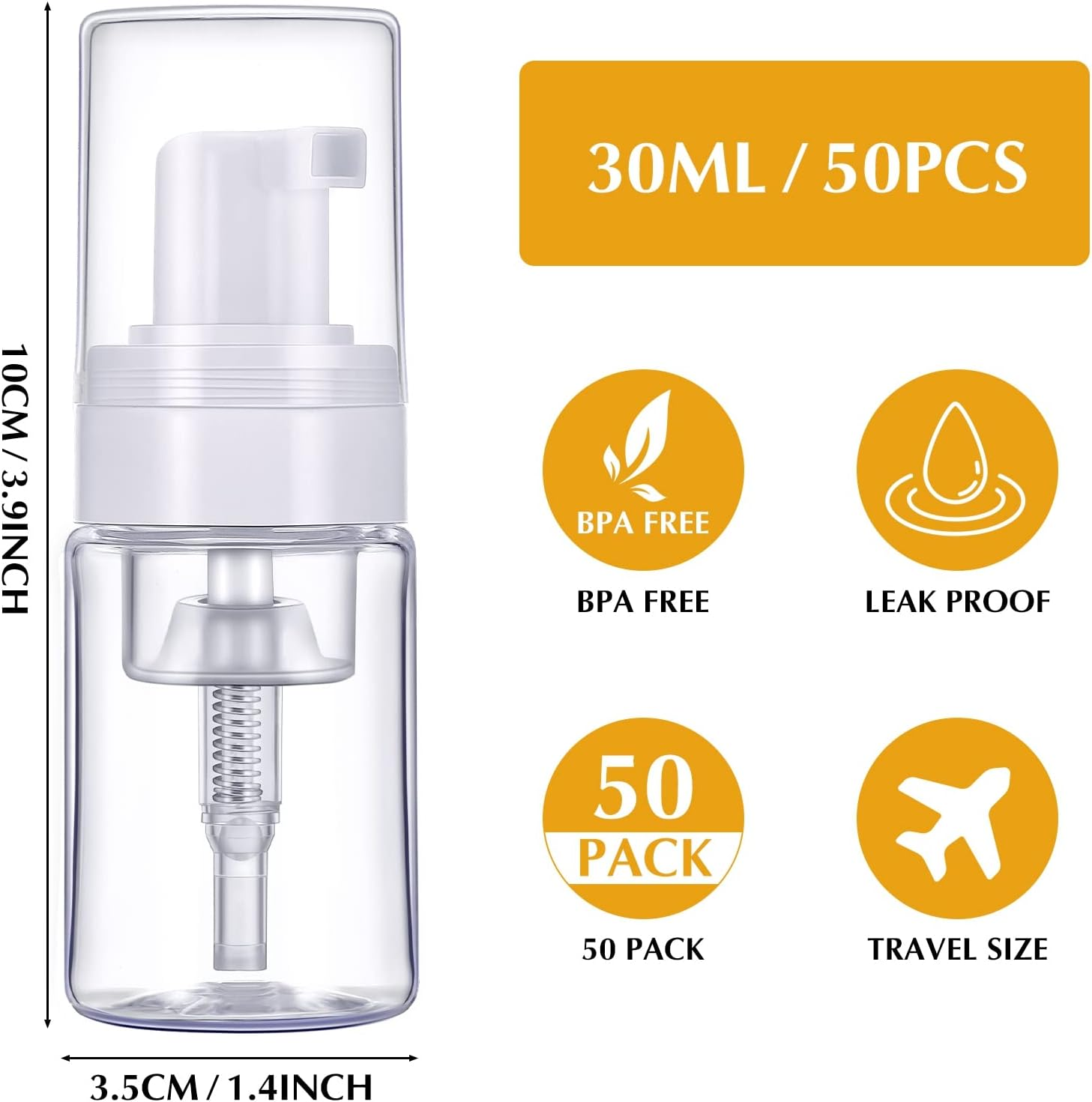 50 Pack Foam Pump 1Oz/30Ml Refillable Dispenser Travel Size Plastic Mini Bottle for Lash Shampoo, Cleaning, Cosmetics - Portable Clear Foaming Packaging, Transparent