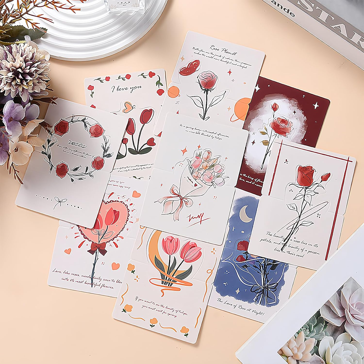 Hannafires 3D Mini Greeting Cards - Mixed Roses Collection, Folding Note Cards, Desktop Reminder Cards, Flower Shop Messages, Handwritten Wishes, Birthday Gift, Journal 30PCS image number 2