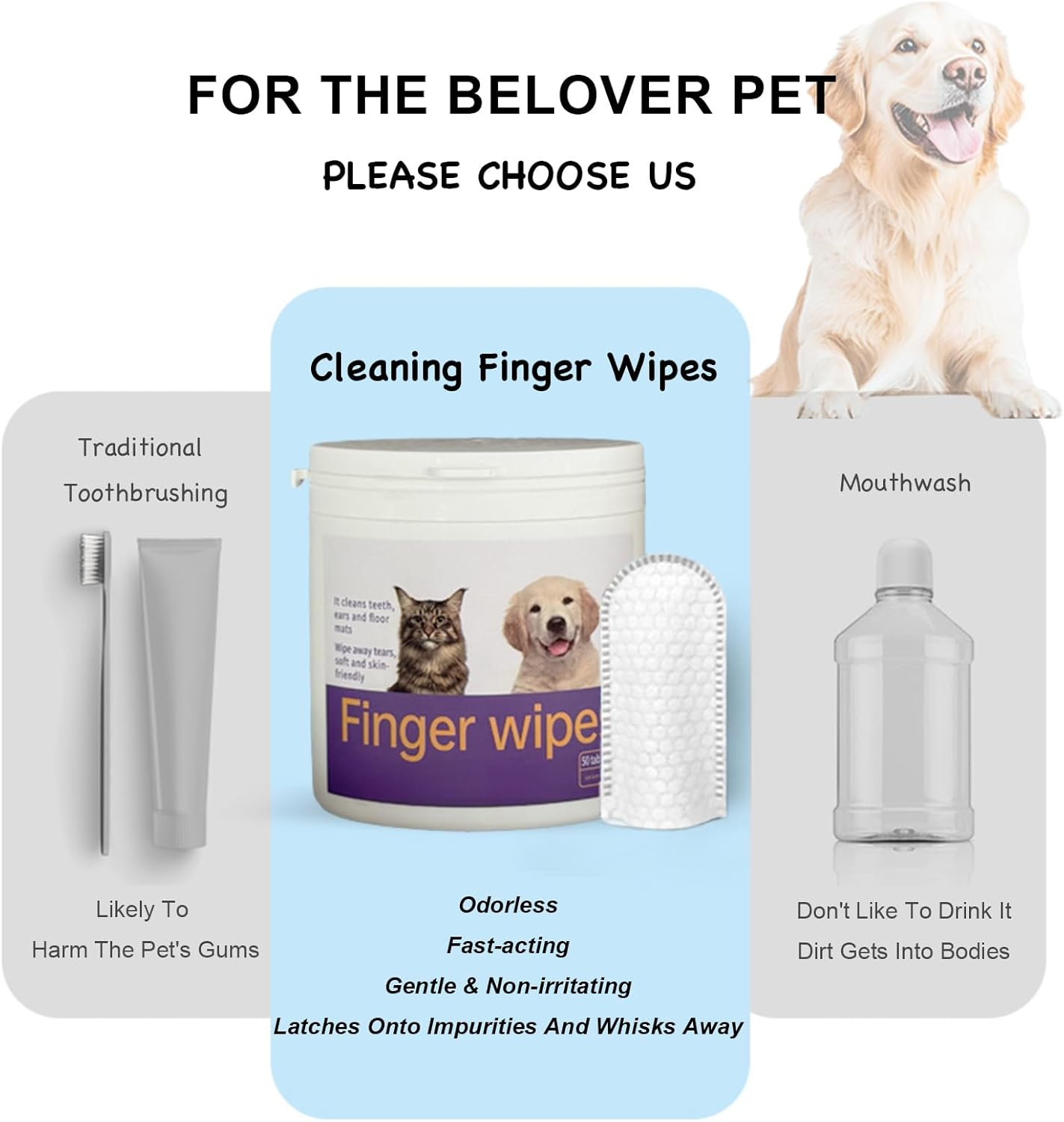 Dog Cat Multi-Purpose Cleaning Finger Wipes - Gentle Ear, Teeth & Daily Care with Natural Aloe & Cornflower, Safe Alcohol-Free Pet Hygiene Formula, Easy-To-Use Disposable Wipes 50Ct image number 1