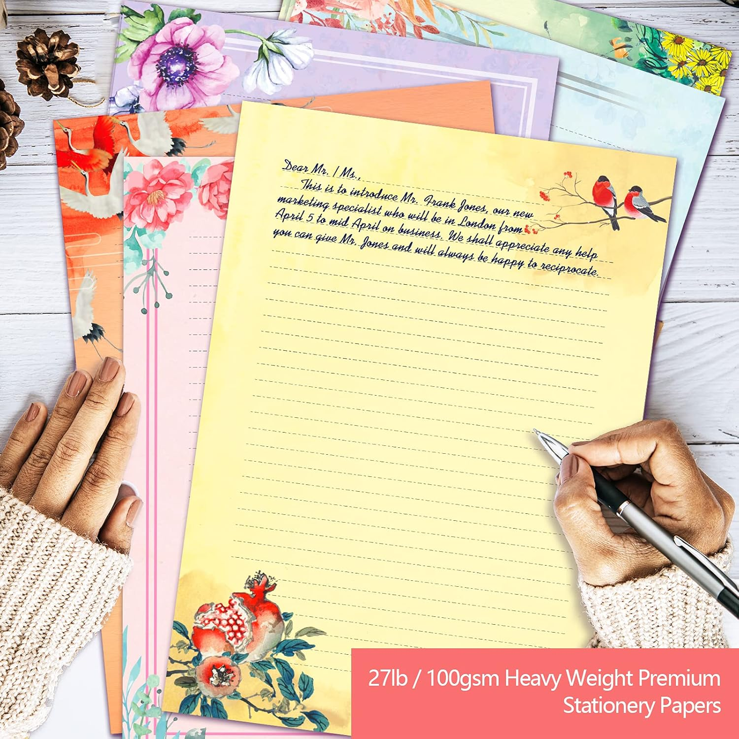 A4 Vintage Floral Stationery Paper (Lined) 48 Pieces and Self-Sealing Envelopes 24 PC Set, 100GSM Heavy Weight College Ruled Letter Writing Stationary, Printer Friendly, Color Both Sides, Watercolor image number 4