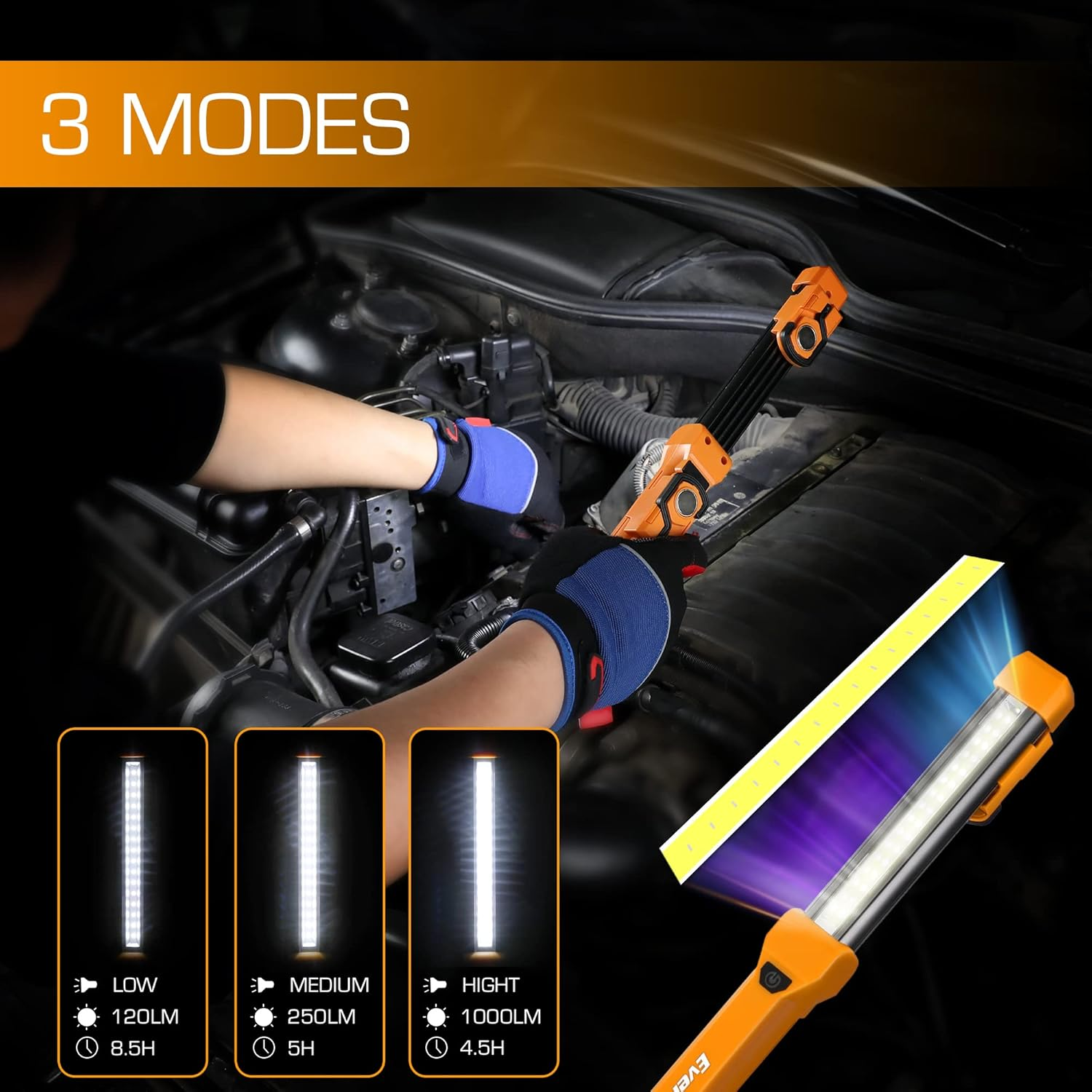 Everbrite 1000LM LED Work Light, Rechargeable Work Light for Mechanics with Dual Magnetic Bases&Hanging Hooks, 4 Lighting Modes, USB C Cable, for Car Repairing, Working, and Hurricane, Pack of 1 image number 6