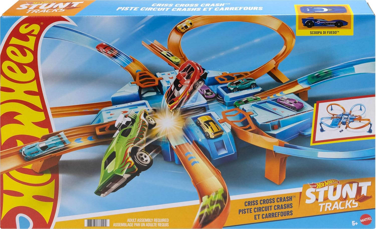 Hot Wheels Track Set with 1:64 Scale Toy Car, 4 Intersections for Crashing, Powered by a Motorized Booster, Criss-Cross Crash Track