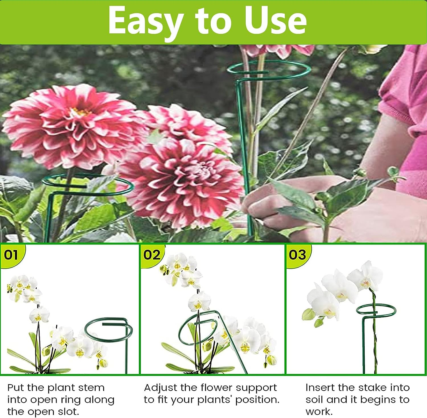 10Pack Plant Support Stakes,15.8In Metal Plant Stakes with 40Pcs Plant Clips and 10Pcs Plant Ties,Single Stem Support Stake Plant Cage Support Ring for Garden Flowers Amaryllis Orchid Tomatoes Peony image number 4