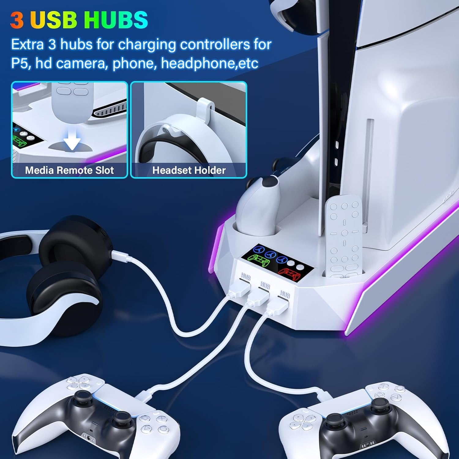 PS5 Cooling Station Stand for Playstation 5 Console, PS5 Slim Pro Cooling Stand with Headset Holder, White