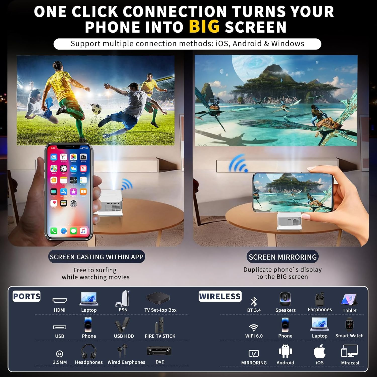 Laimio 1080P & 4K Supported Projector with Projector Screen, Auto Keystone Correction & 360&deg; Rotation, Wifi6 & BT5.4 Portable Mini Projector for Home Cinema, Outdoor Movie and Room Entertainment-White - Black image number 3