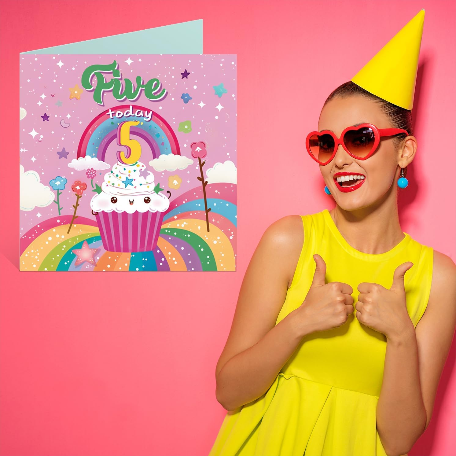 5Th Birthday Card Girl - Cupcake Rainbow - Happy Birthday Card for 5 Year Old Girl, Age 5 Girls Birthday Cards Fifth Birthday Card, 145Mm X 145Mm Bday Greeting Card