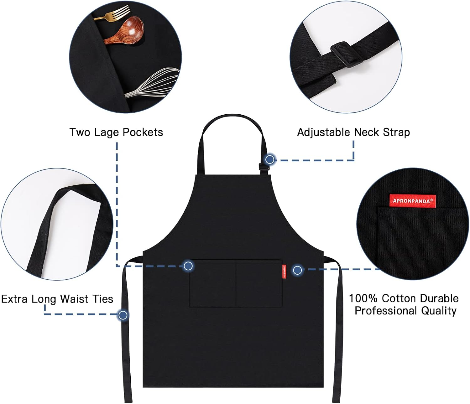 APRONPANDA Professional Adjustable Black 100% Cotton Apron with 2 Pockets Cooking Kitchen Chef Women Men Aprons for Home Kitchen, Restaurant, Coffee House, Baking Gardening BBQ
