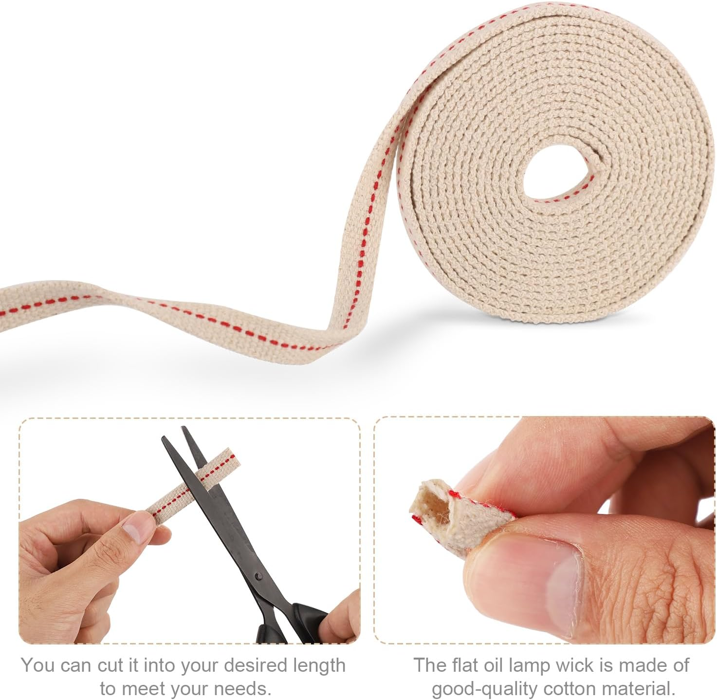 Oil Lamp Wicks, 1/2In Total Length 9.84Ft Cotton Flat Oil Lamp Wicks Cotton Flat Wick for Paraffin Oil Wicks for Oil Lamps with Red Stitch for Kerosene Paraffin Lamp(White) image number 6