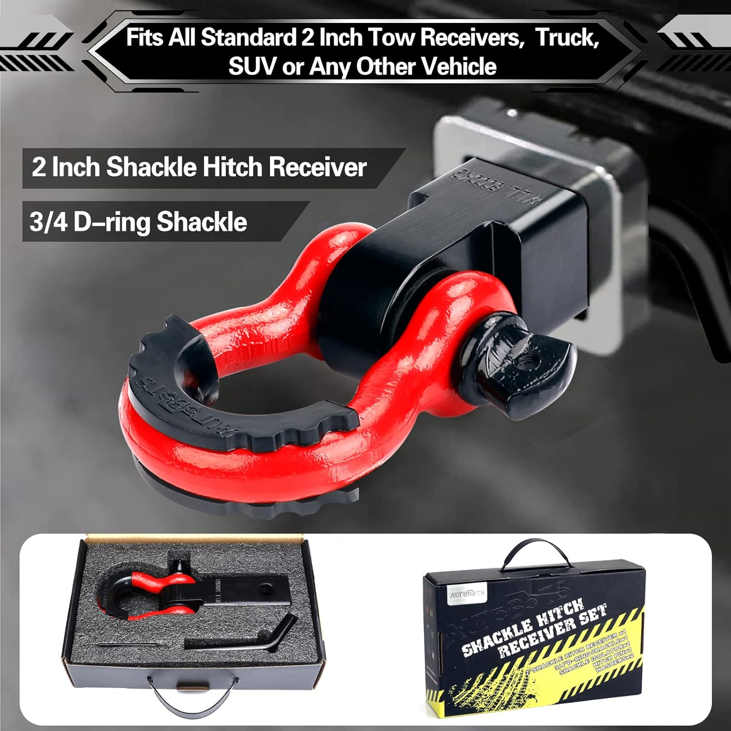 AUTOBOTS Shackle Hitch Receiver 2", 45,000 Lbs Break Strength Heavy Duty Receiver with 5/8" Screw Pin, 3/4" D Ring Shackles, Towing Accessories for Vehicle Recovery Off-Road, Red&Black image number 1
