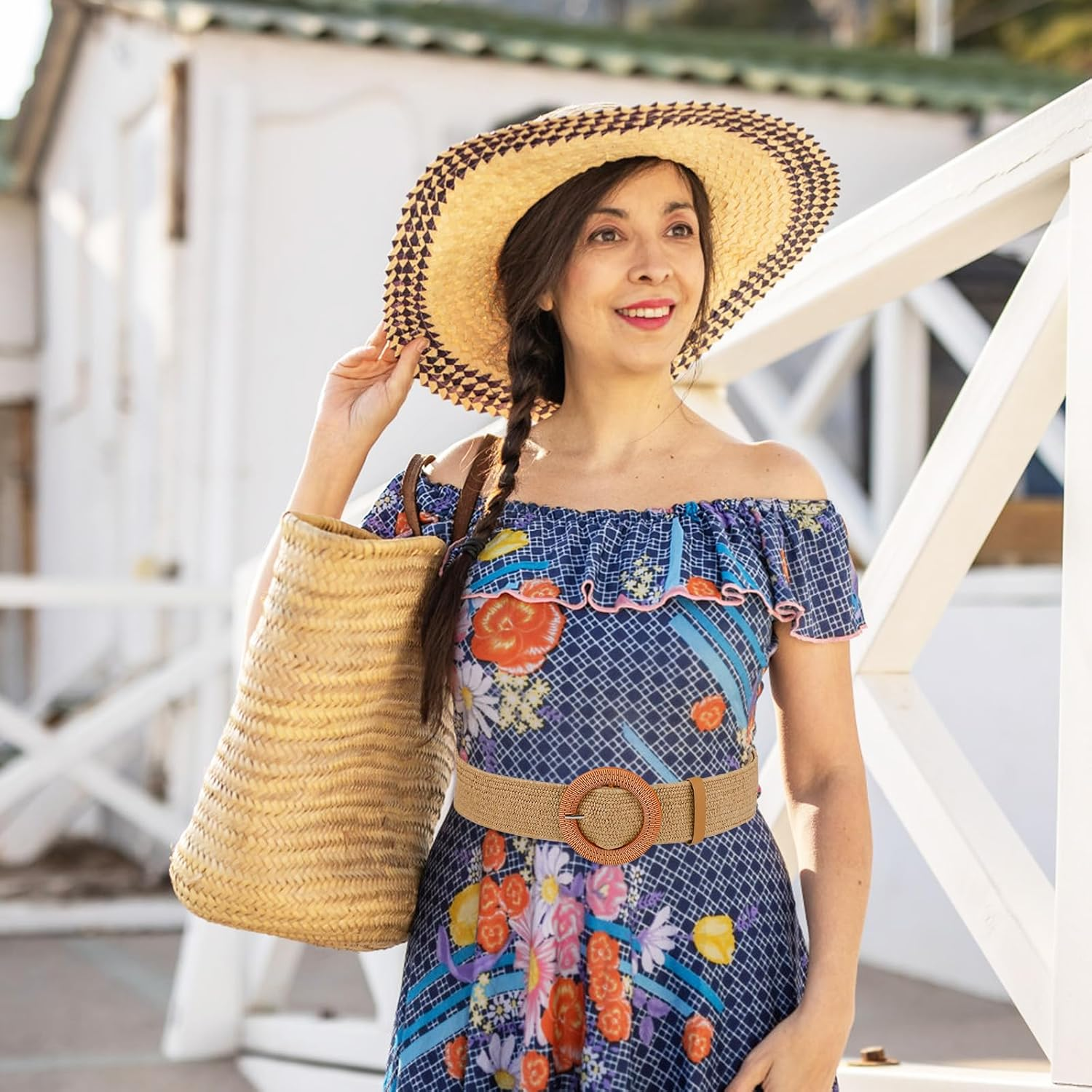 2Pcs Braided Waist Belts for Women, Straw Woven Elastic Belt Summer Dress Belts Boho Wide Stretch Braided Belt with Round image number 4