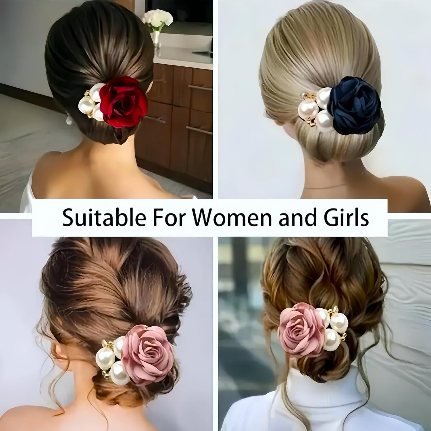 Ypkia Pack of 3 Flower Hair Bands with Pearls Women'S Thin Rubber Bands Elastic Scrunchies Ponytail Holder for Women Girls