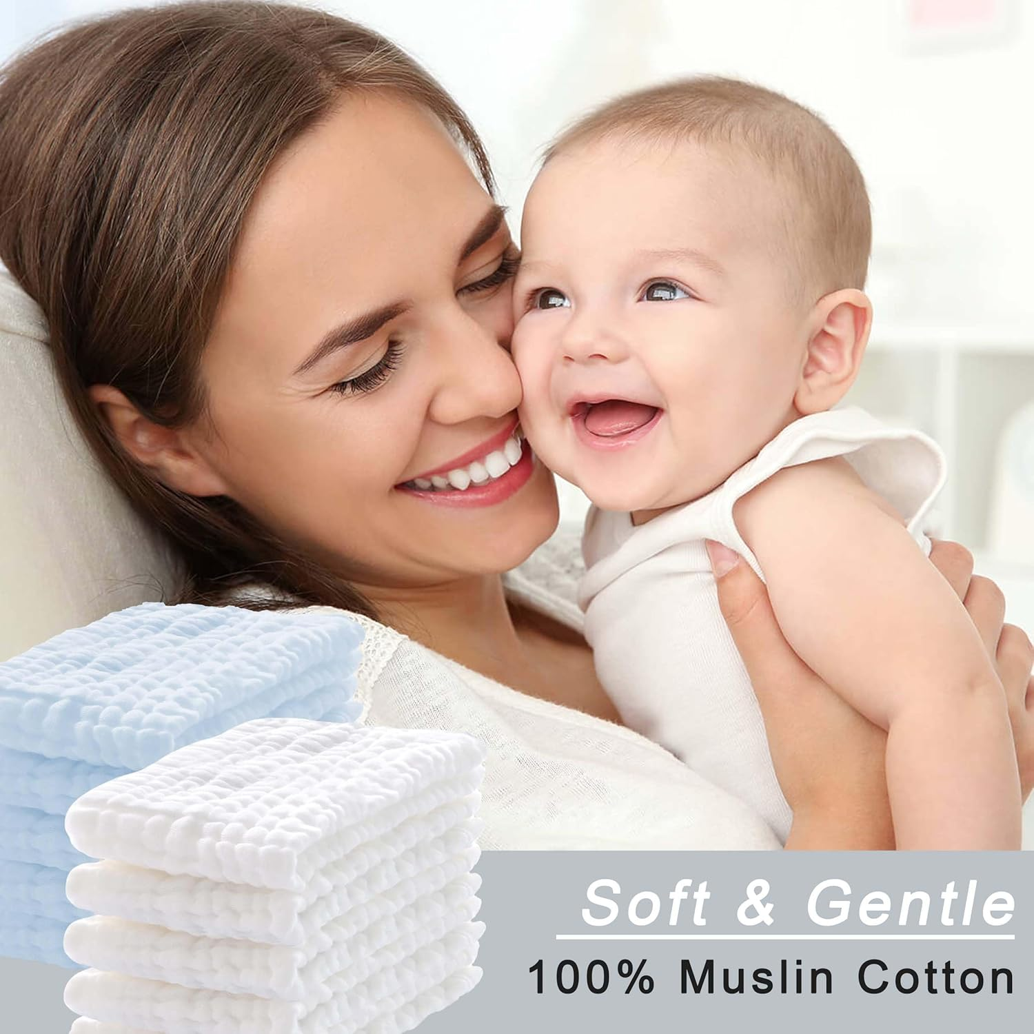 10-Pack Burp Cloths,100% Cotton Muslin Thickened Baby Burp Cloths Super Soft and Absorbent, Newborn Towels 20" X 10" (White+Blue) image number 1
