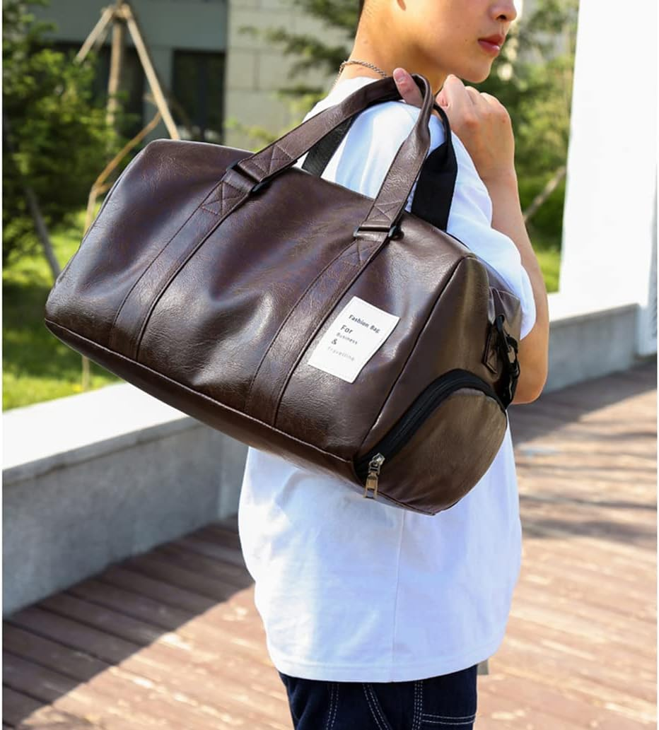 ANNI RIEL Leather Gym Bag Travel Duffel Bag with Shoe Compartment, Fashion Waterproof Duffel Bag Carry on Tote Weekender Overnight Bag, Brown, 40 X 24 X 24 CM/15.7 X 9.4 X 9.4 Inch