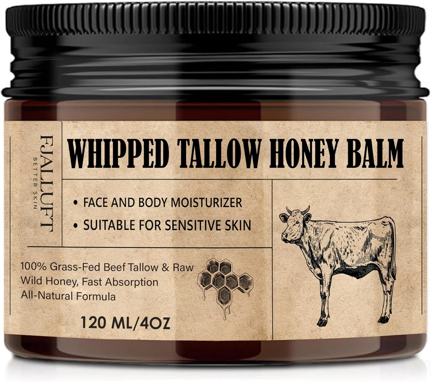 Beef Tallow and Honey Blam Moisturiser: Whipped Grass Fed Beef Tallow Balm with Raw Honey and Olive Oil for Skin and Face &ndash; Natural Cow Fat Facial Cream for Anti-Aging Unscented image number 1