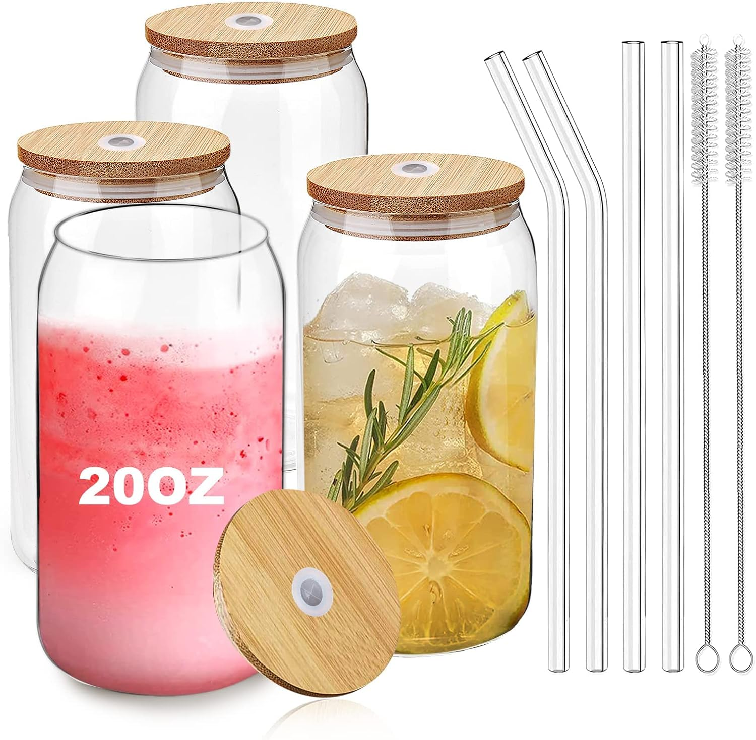 D.M DESIGN&middot;MASTER [Pack of 4, 590 Ml] Premium Drinking Glasses with Bamboo Lid and Glass Straws, Long Drink Glasses, Can-Shaped Glass Cups, Perfect for Beer, Cocktails, Iced Coffee, Iced Tea and Soda. image number 2