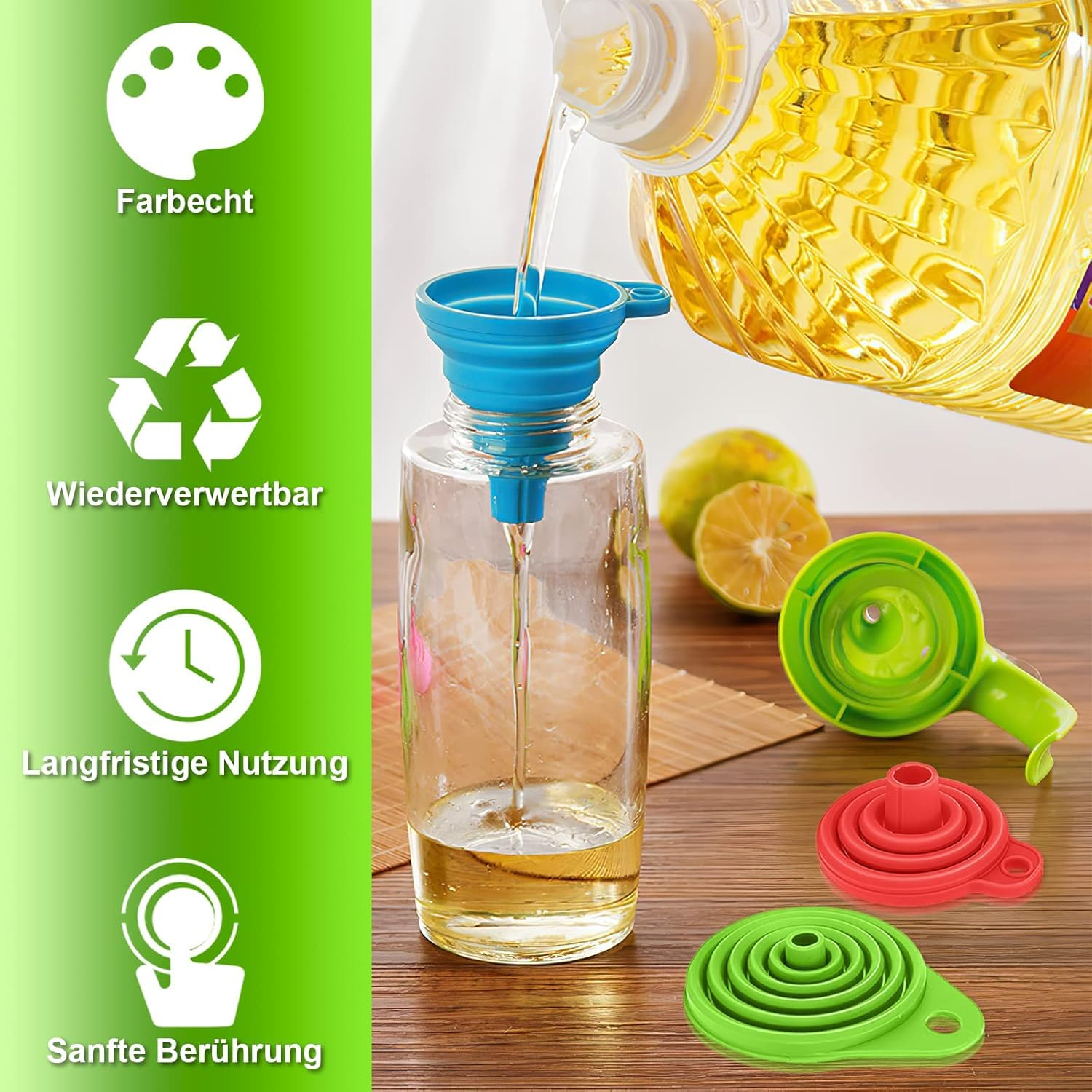 Silicone Collapsible Funnel, 4 Pcs Foldable Kitchen Funnels, Kitchen Funnel with 4 Pcs Transparent Adhesive Hooks for Filling Bottles, Liquid, Powder Transfer (Orange,Red,Blue,Green) image number 2