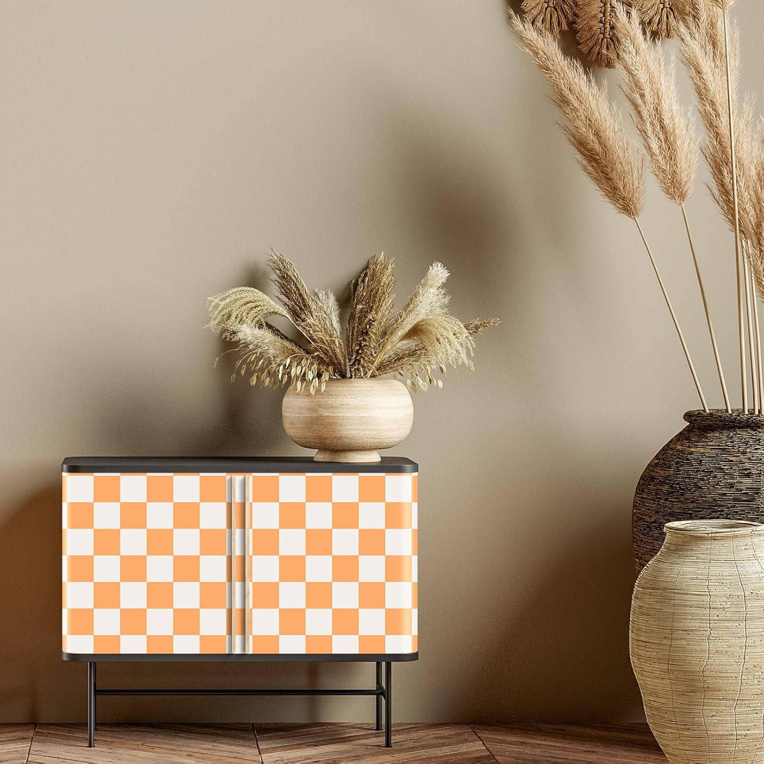 Retro Checkered Peel and Stick Wallpaper 70S Funky Checkered Contact Paper Geometric Waterproof Wallpaper Neutral Checkerboard Decor for Bathroom Cabinet(Orange,16.4' X 15.75'') image number 6