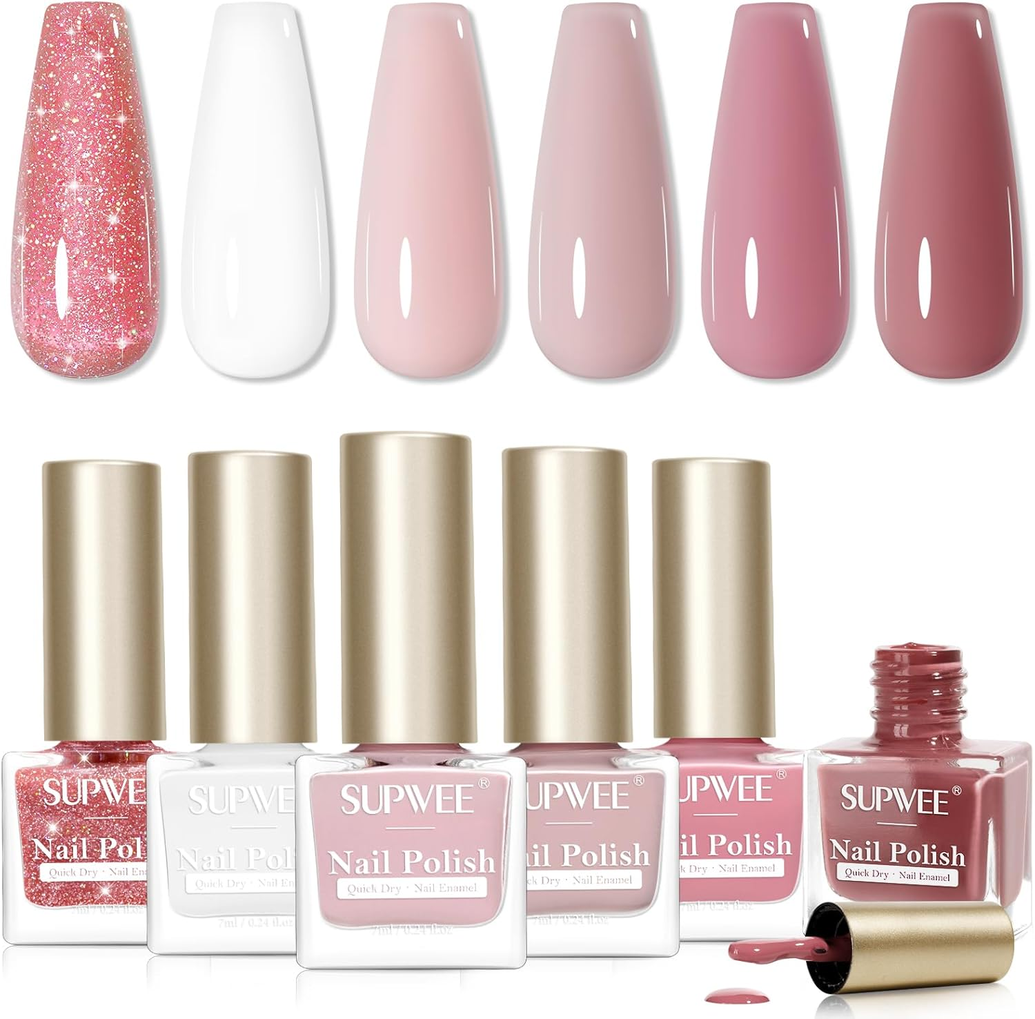 SUPWEE Pink Regular Nail Polish Set, Quick Dry Classic 6 Colors Popular Pink Glitter Easily DIY Stunning Manicure Salon at Home Women