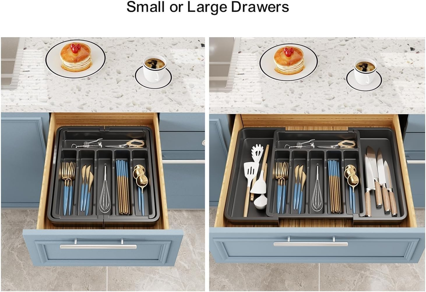 Expandable Cutlery Drawer Organizer, Adjustable Utensil Tray for Kitchen Drawers, Flatware Holder, Plastic Storage for Spoons, Forks, Knives, Durable Design, Space-Saving and Easy to Clean, Black