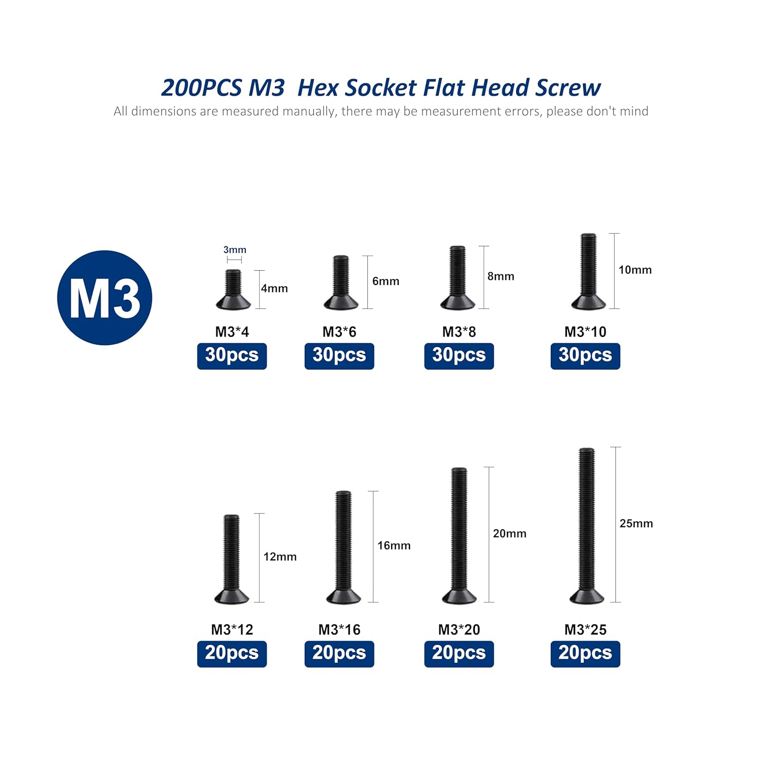 Fullfun 200PCS M3 X 4/6/8/10/12/16/20/25Mm Hex Socket Flat Head Screw Bolts Assortment Kit, Alloy Steel Metric Screws with Allen Wrench, Allen Socket Hex Drive Black Machine Screws Set image number 5