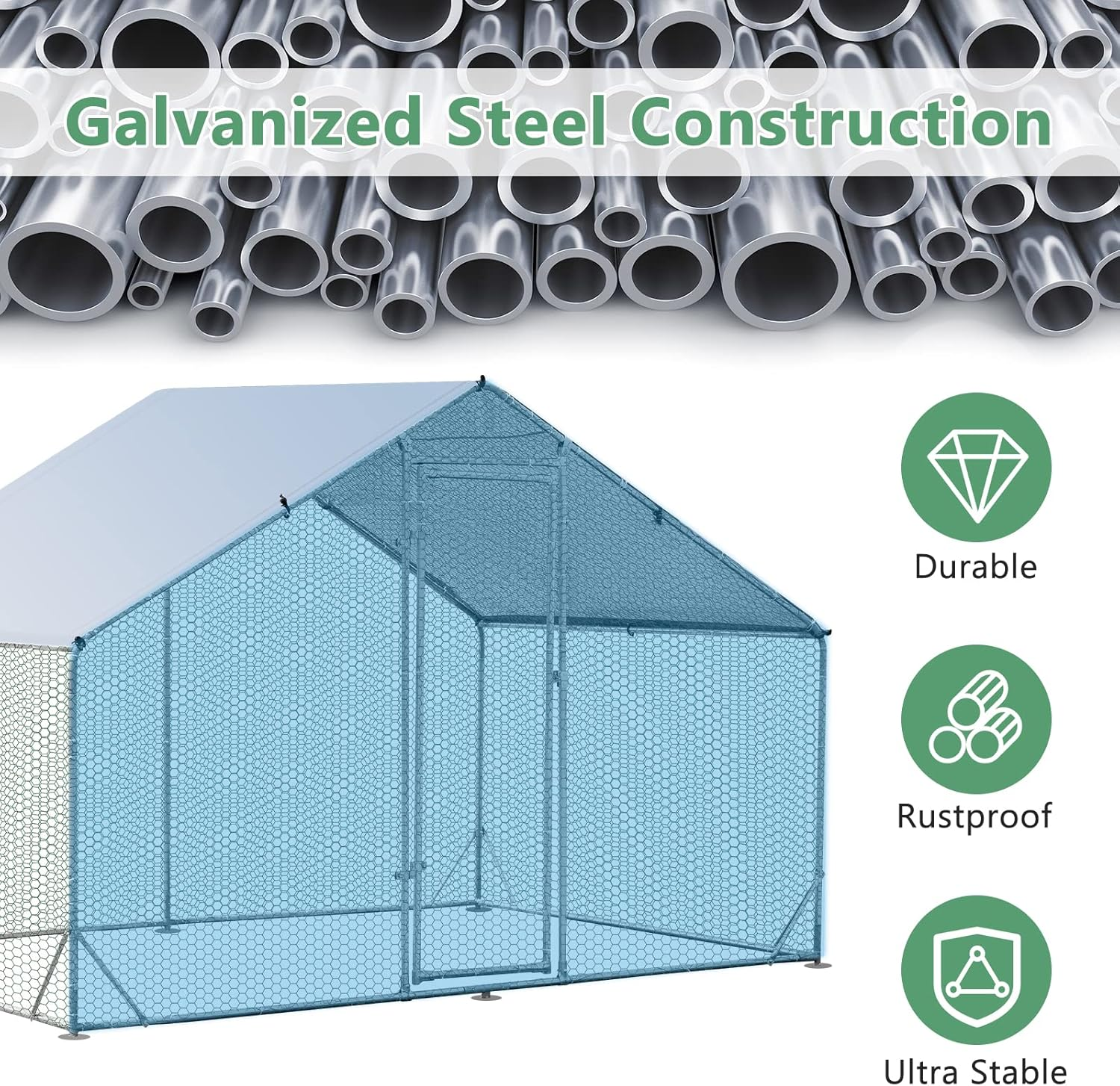 Costway Large Spire-Shaped Chicken Coop, Galvanized Metal Hen House with Waterproof & Sun-Protective Cover, Walk-In Pen Run for Chicken, Rabbits, Ducks, Poultry Cage, Rabbit Hutch Ferret Cage image number 1