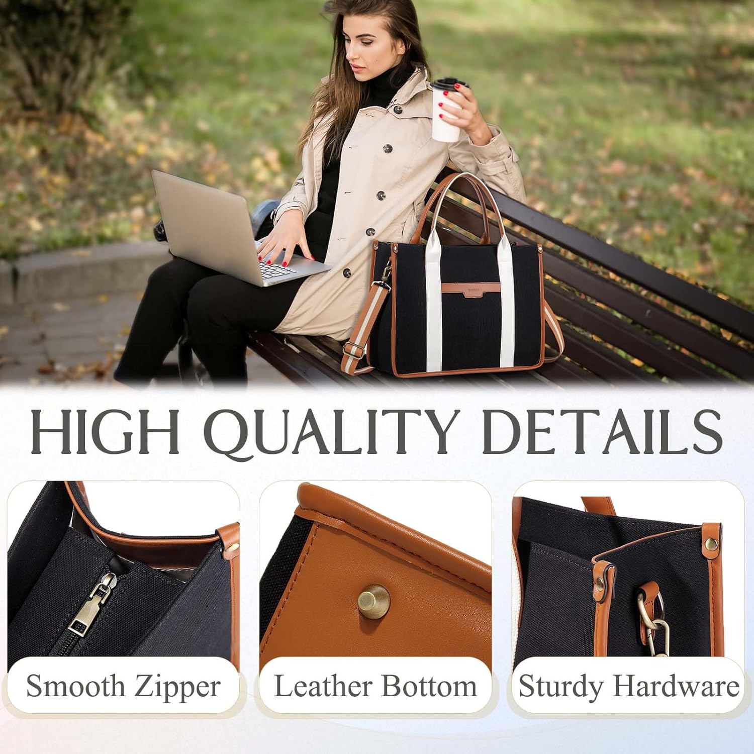 Laptop Tote Women,Ravuo 15.6Inch Ladies Canvas Computer Teacher Handbag Business Briefcase for Colleage W Detachable Shoulder Strap - White image number 6