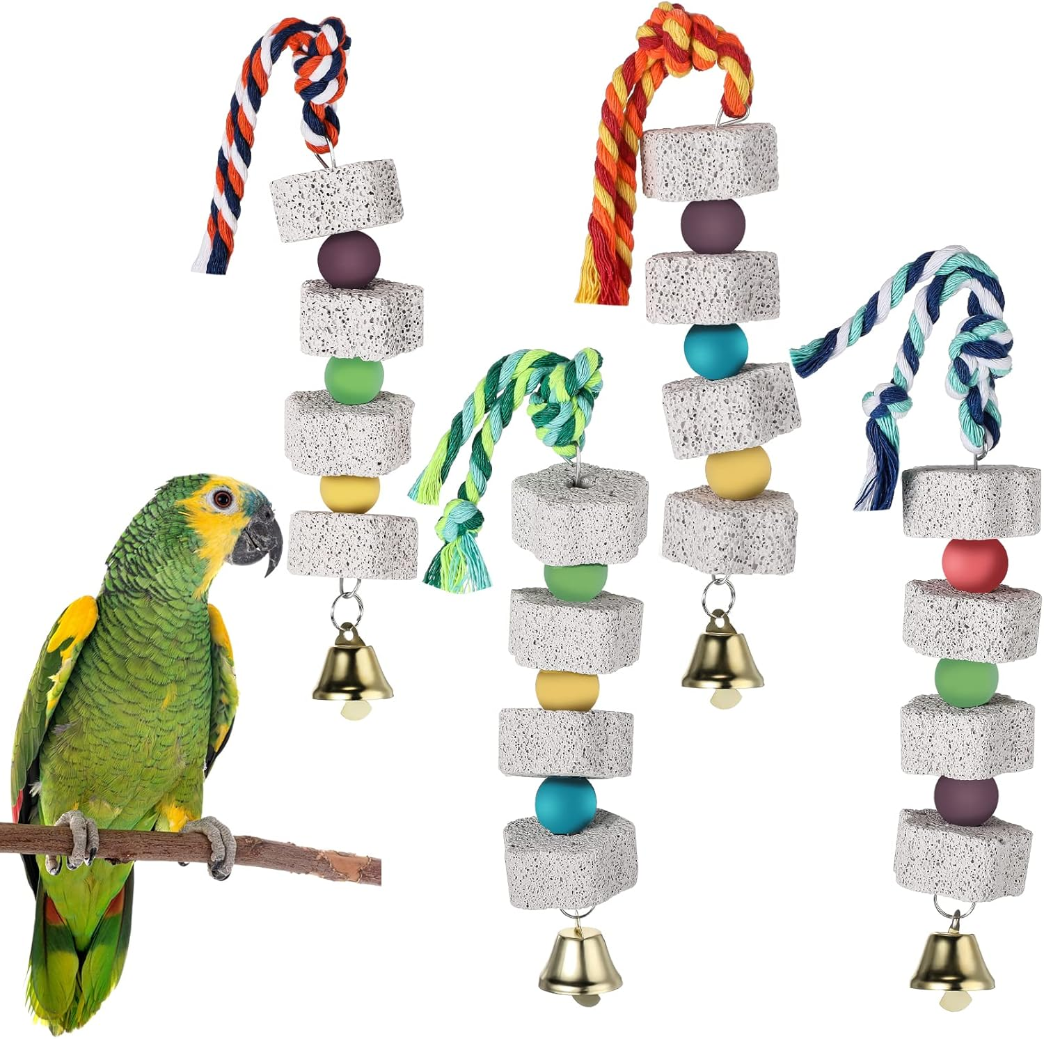 Sanwuta 4 Pack Bird Beak Grinding Stone with Bell Parrot Chewing Toy Parrot Beak Stone Lava Block Calcium Stone Bird Cage Accessories for Parakeet Cockatiel Conure Hamster Chinchilla Rabbit