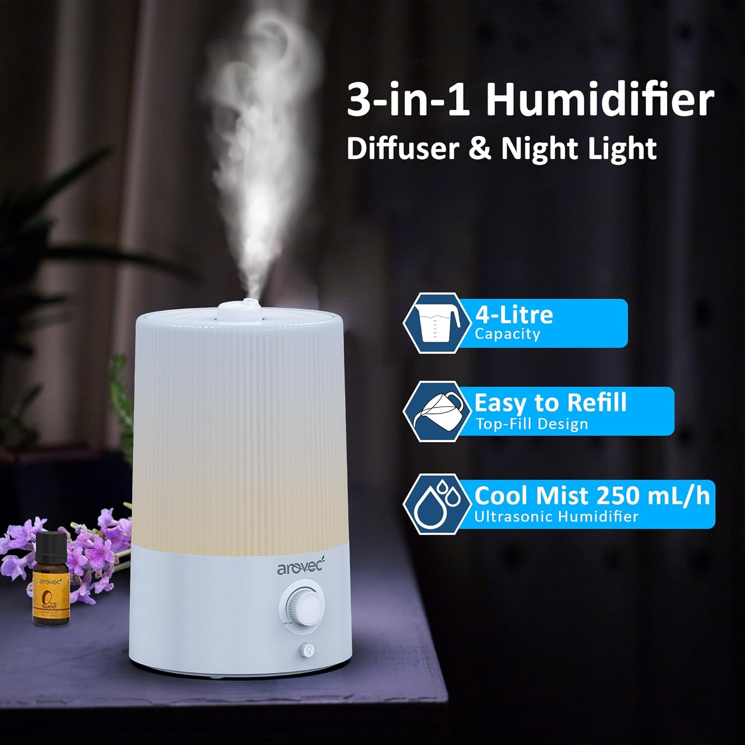 AROVEC Air Humidifier 4L Top-Fill & Essential Oil Diffuser for Bedroom, Baby Room with Night Light, Cool Mist for Home, Office & Indoor Plants, Auto-Off, 360&deg; Rotation Nozzle up to 40 ㎡ image number 1