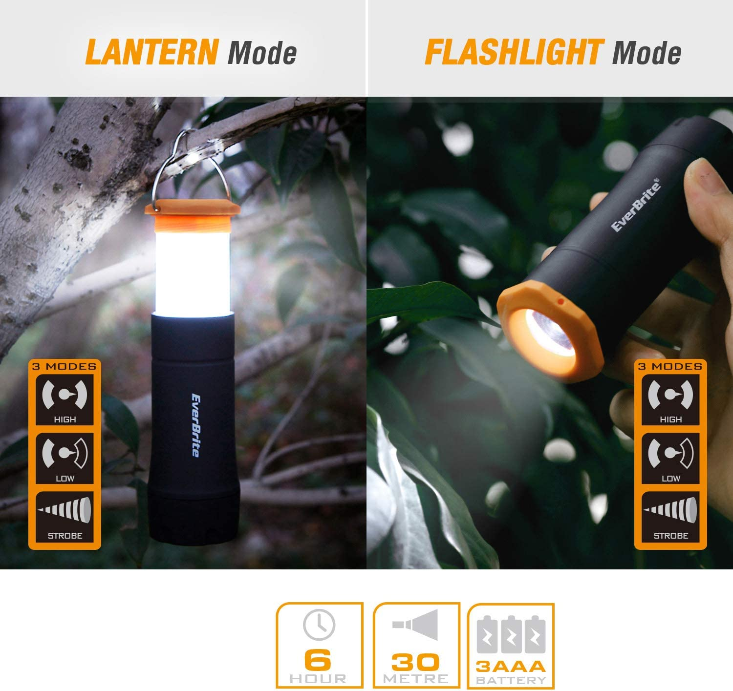 Everbrite 2-In-1 Mini Lanterns and Flashlights with 3 Modes, 2 Pack Portable Outdoor LED Zoomable Torches, AAA Batteries Included - for Hurricane Supplie Camping, Hiking, Night Walking, Emergency