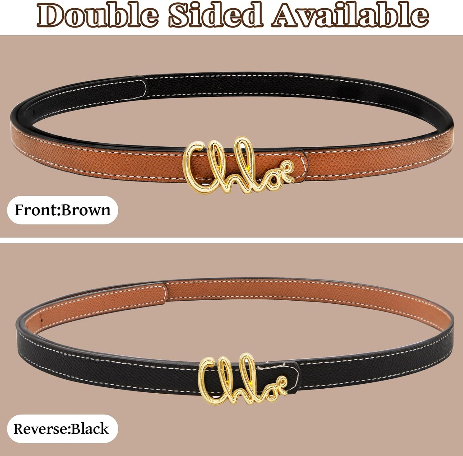 LJCZKA Women Skinny Reversible Belts for Jeans Dress Coats,Adjustable Thin Waist Leather Belt for Ladies with Gold Buckle image number 2