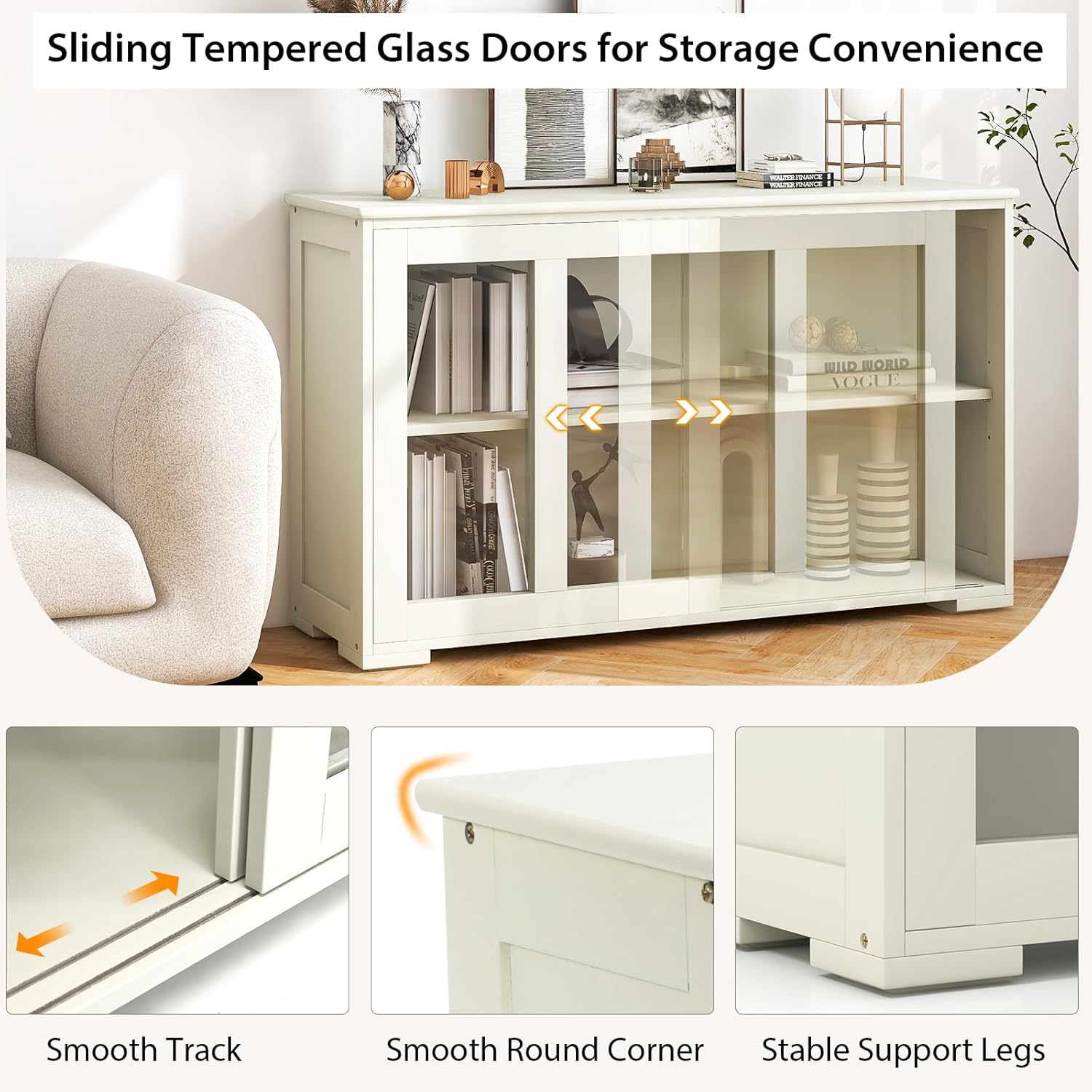 Giantex Kitchen Storage Sideboard, Buffet Storage Cabinet W/Adjustable Shelf, Dining Buffet Server Cabinet Cupboard with Glass Sliding Door Panels, Wooden Console Table for Home Kitchen (Beige) - Black image number 2