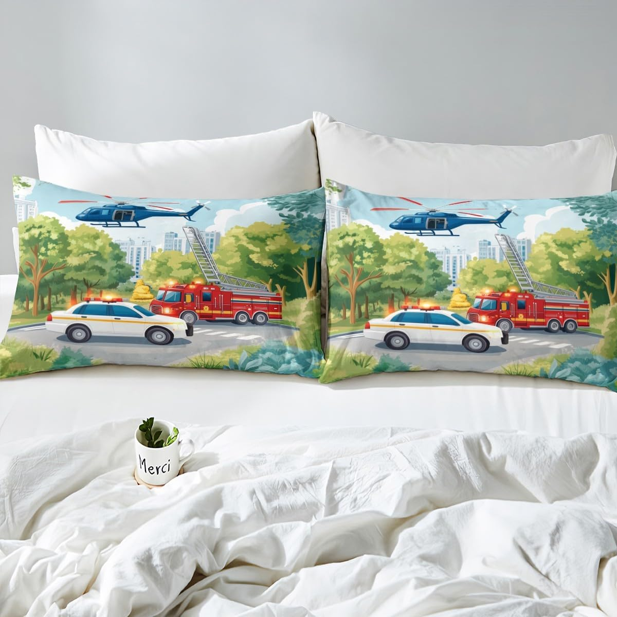 Fire Engine Duvet Cover Set, S Size, Children'S Boys Aeroplane Police Car Bedding Set, Cartoon Car Comforter Cover, Teens Child Sleep Decor, Modern Traffic Vehicles Quilt Cover, 1 Pillowcase image number 5