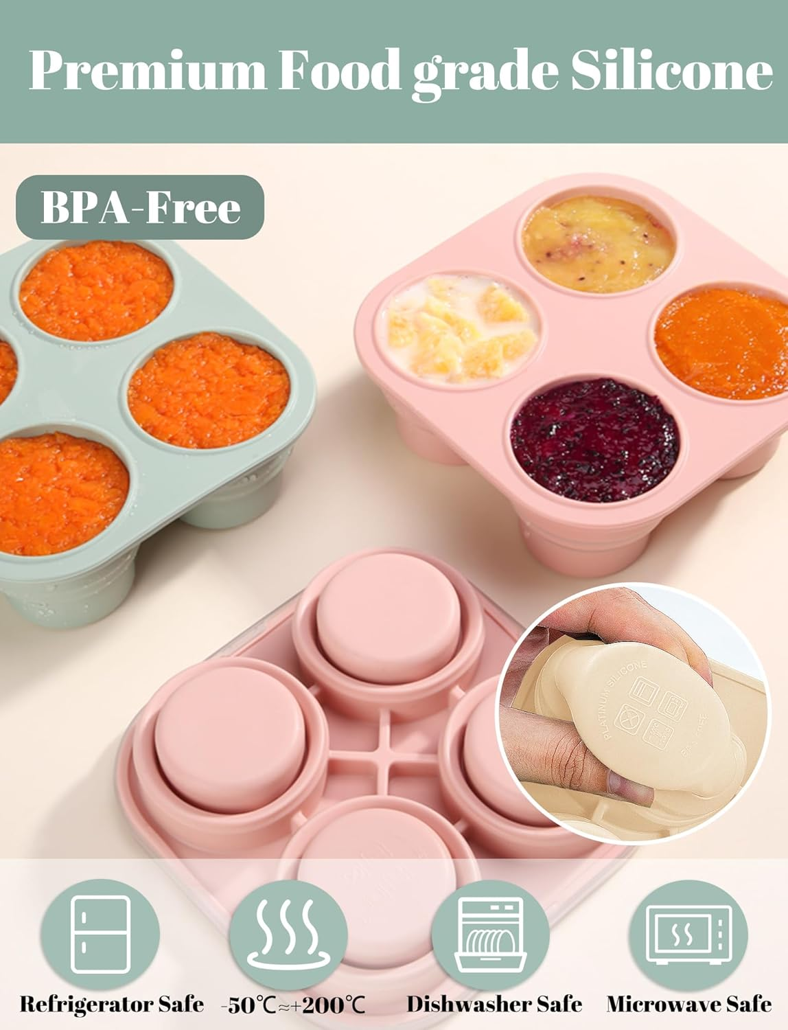 Stackable Baby Food Storage Containers with Lid Perfect Silicone Baby Food Freezer Tray Baby Breastmilk Popsicle Molds for Teething DIY Homemade Baby Food, Vegetable & Fruit Purees White image number 5